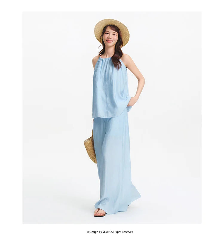 Ensemble 2 Pièces Femme Lin Pantalon Large Nœud Bretelles – Tenue Été Vacances Légère | Semir 2025
