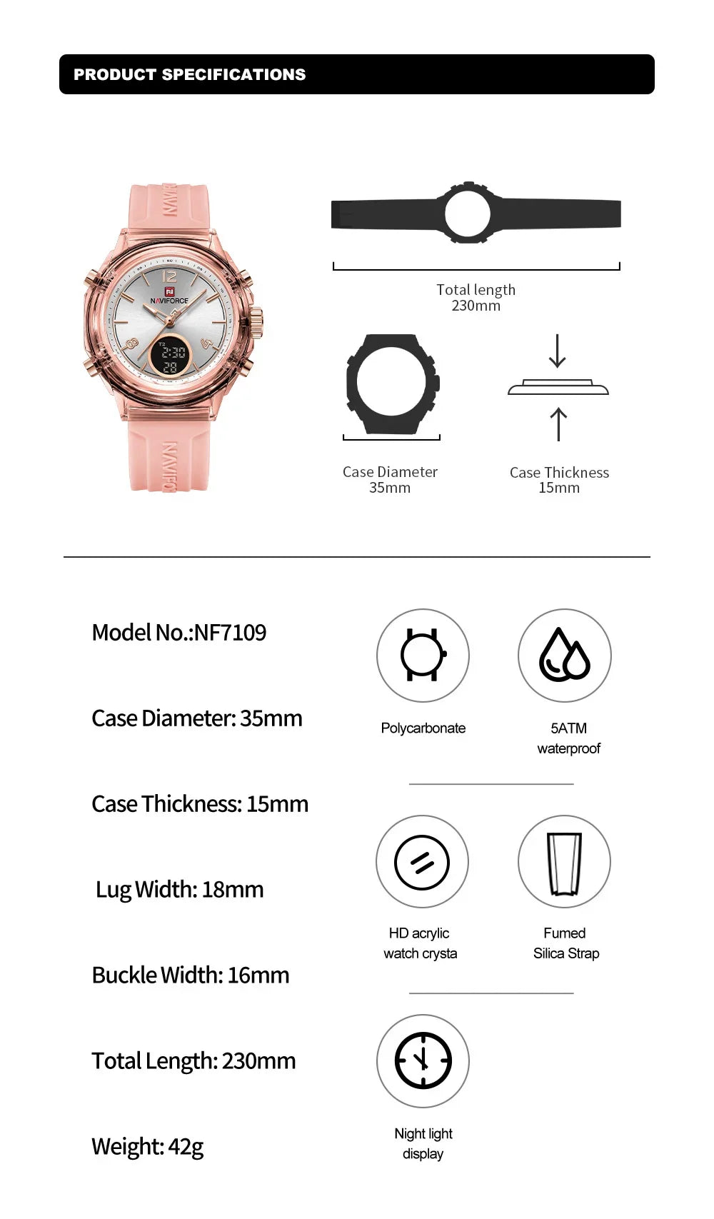 Montre Femme NAVIFORCE Sport Quartz LCD Digital – Étanche 50M Casual Fashion