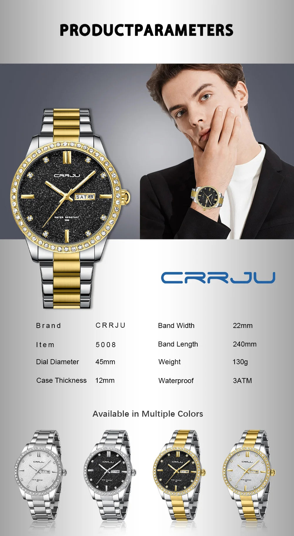 Montre Homme CRRJU Moissanite Diamant Luxe Cadran Doré Acier Inoxydable Lumineux Élégante Premium | Montre CRRJU Moissanite Diamant Luxe Premium