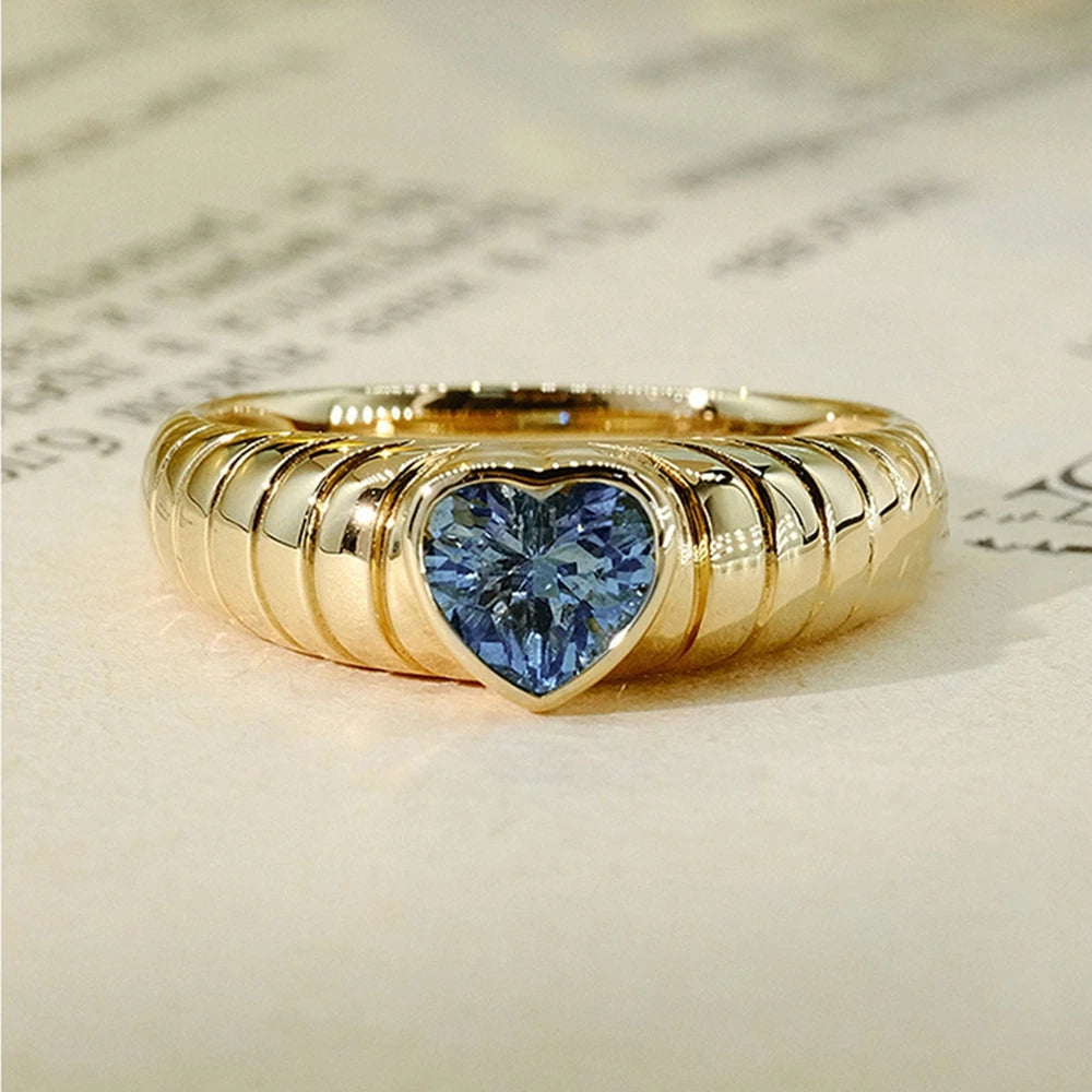 Bague Vintage Cœur Aigue-Marine & Rubis 6MM Plaqué Or 18K Argent 925 – Pierre Précieuse Naturelle | Joaillerie Luxe Femme | Cadeau Bijou Premium