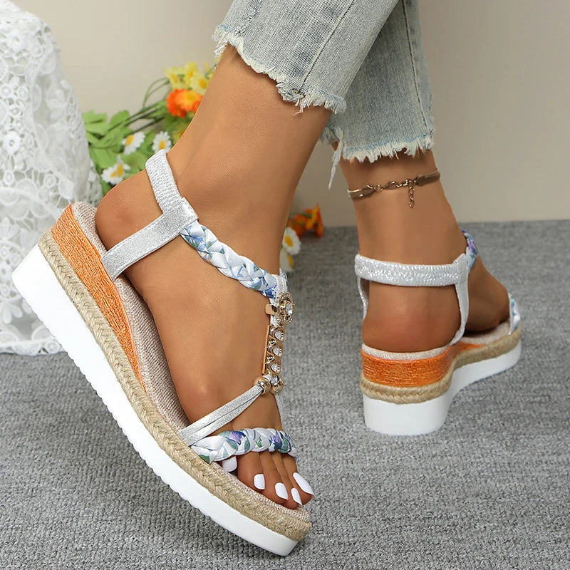 Sandales T-Strap Wedge Mix Color Femme – Bande Élastique Plateforme Bout Ouvert Été