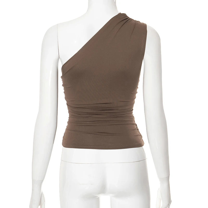Top Une Épaule Dos Nu Femme – Couleur Bonbon Ajusté Sans Manches | Sexy Casual Été