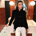 Veste Femme Velours Noir Franges Boutons Nœuds Ourlet Asymétrique Manches Longues Slim – Élégante Streetwear & Bureau