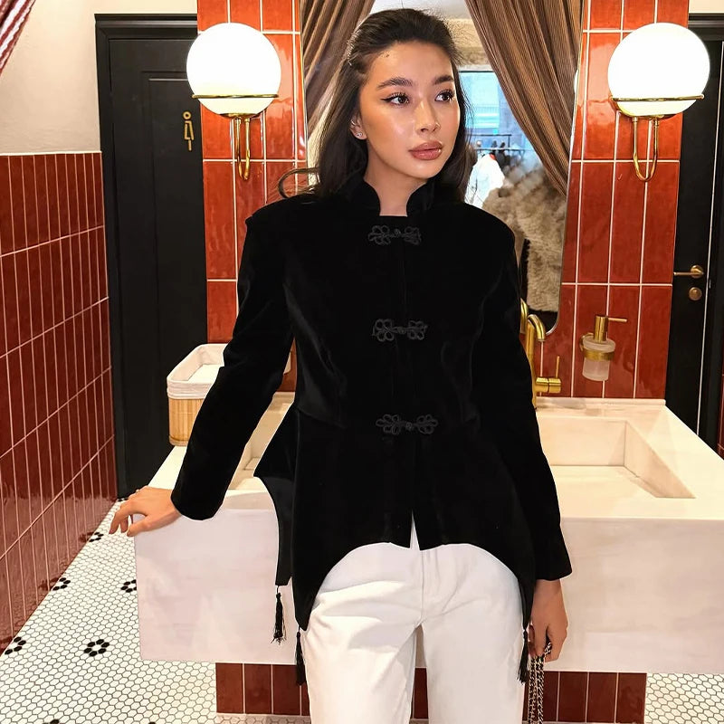 Veste Femme Velours Noir Franges Boutons Nœuds Ourlet Asymétrique Manches Longues Slim – Élégante Streetwear & Bureau
