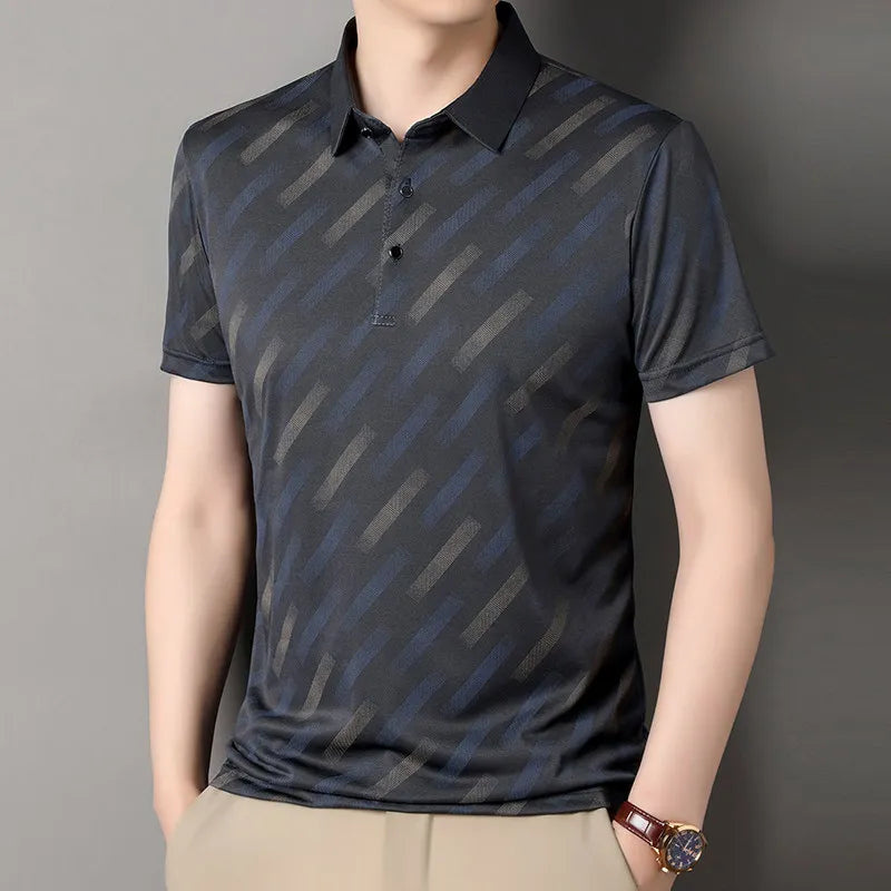 Polo für Herren, modisch, kurze Ärmel, Reverskragen, diagonale Streifen, bedruckt, lässig, Business, Golf, trendig, elegant – Premium Polo gestreift | Herrenmode Business Premium