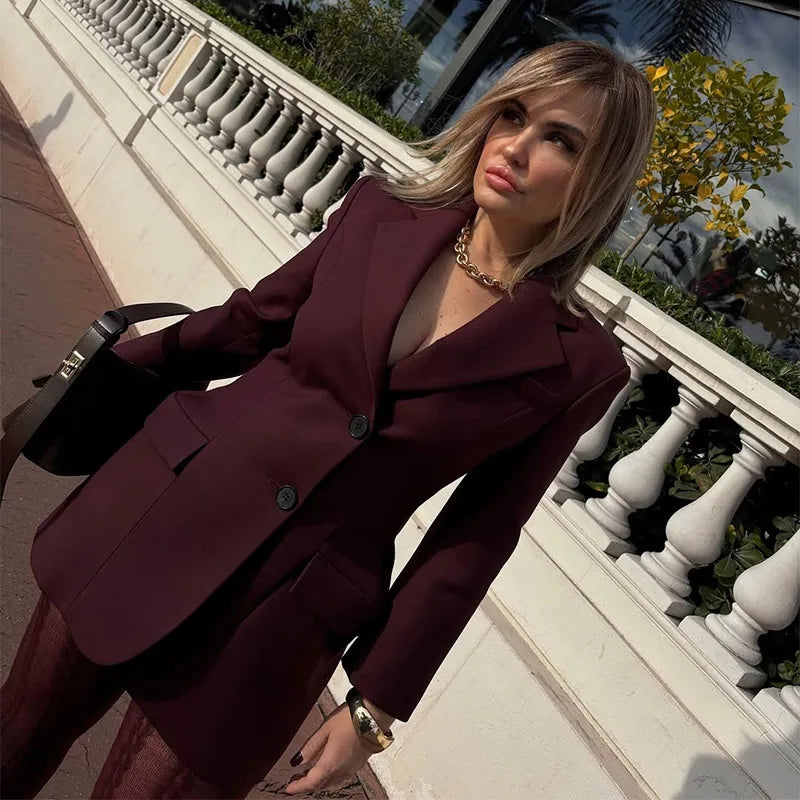 Ensemble Blazer Mini Jupe Femme Élégant – Col Revers Manches Longues Slim Uni | Tenue Bureau Chic 2025