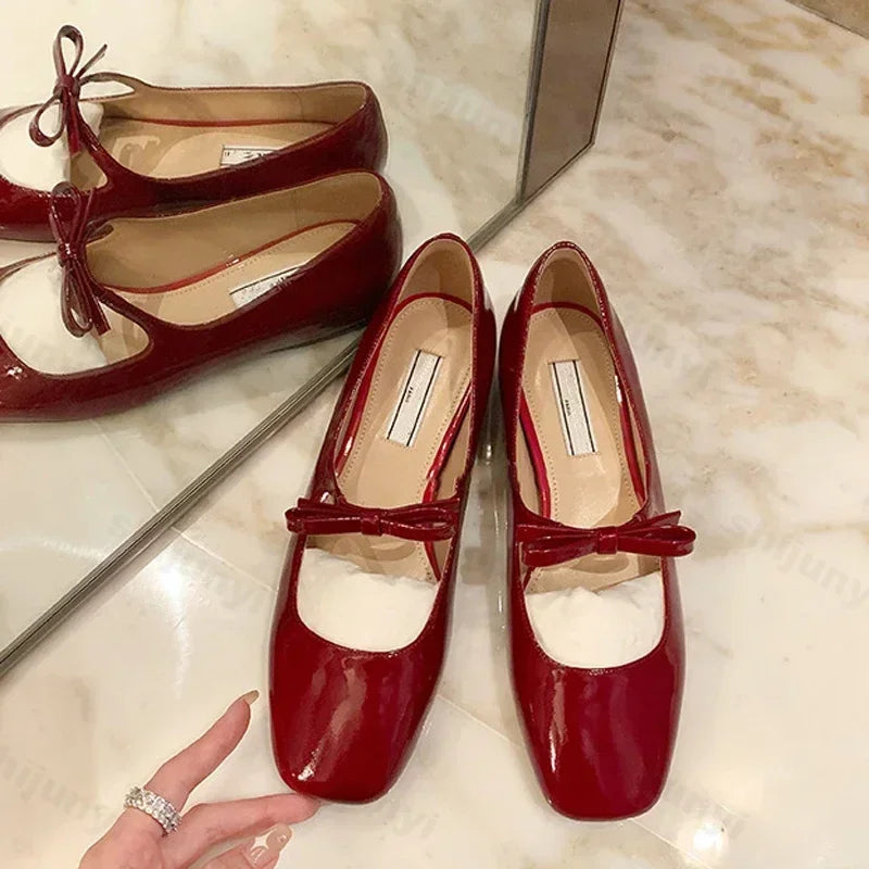 Ballerines Mary Jane Glossy Bowknot Rouge 2025 – Bout Carré Danse Mariage Bal Nuptial