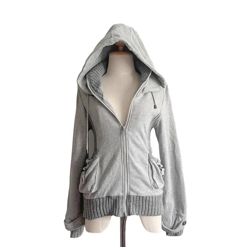 Sweat Femme Gothique Cardigan Plissé Slim – Hoodie Fashion Casual Couleur Unie Hiver Rétro