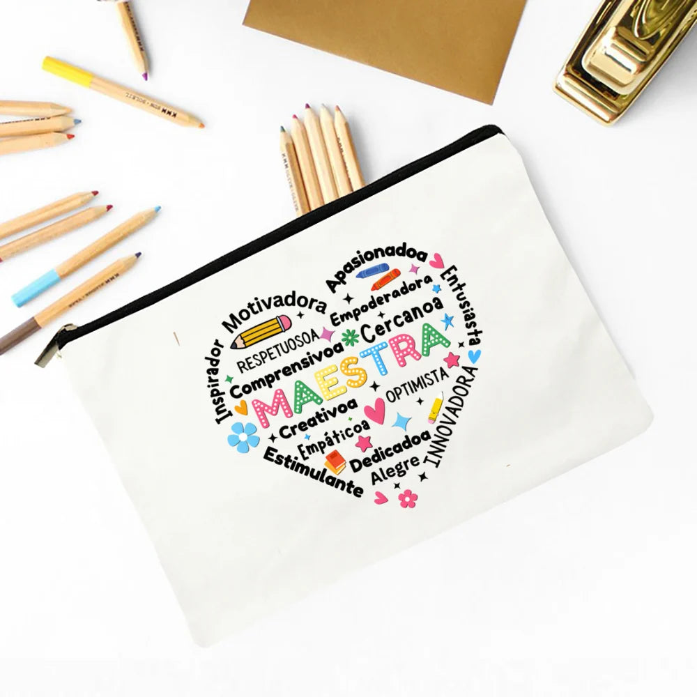 Trousse Maquillage Maestra Imprimé Coeur Espagnol – Organisateur Voyage & Crayon | Cadeau Enseignante