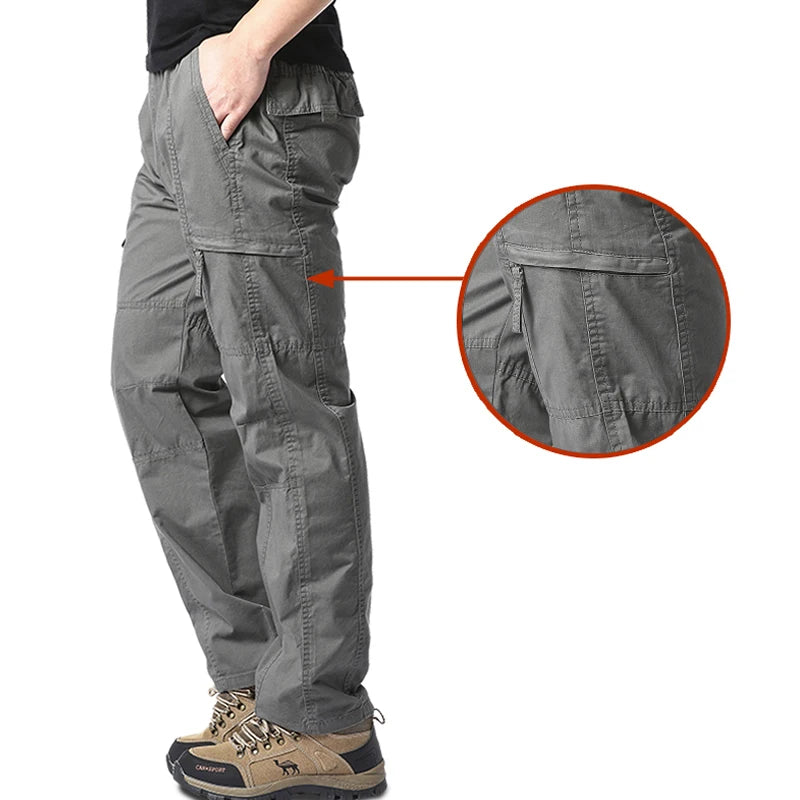 Pantalon Cargo Homme Coton Haute Qualité Multi-Poches Taille Élastique Loose – Casual Outdoor Camping Randonnée Travail Printemps Automne | Mode Homme Tactique