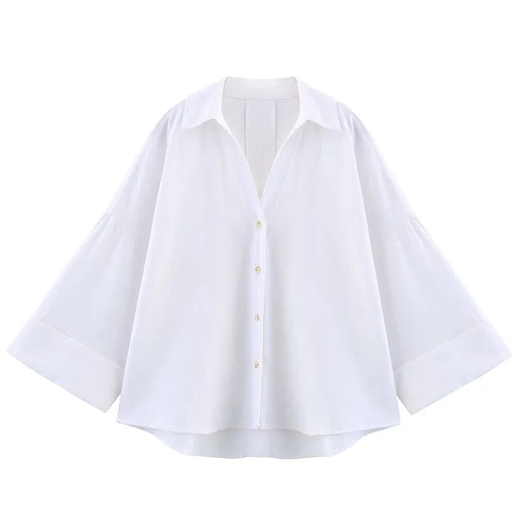 Chemise Femme Manches Larges Col Johnny – Ourlet Asymétrique & Boutons | Style Casual Chic Printemps