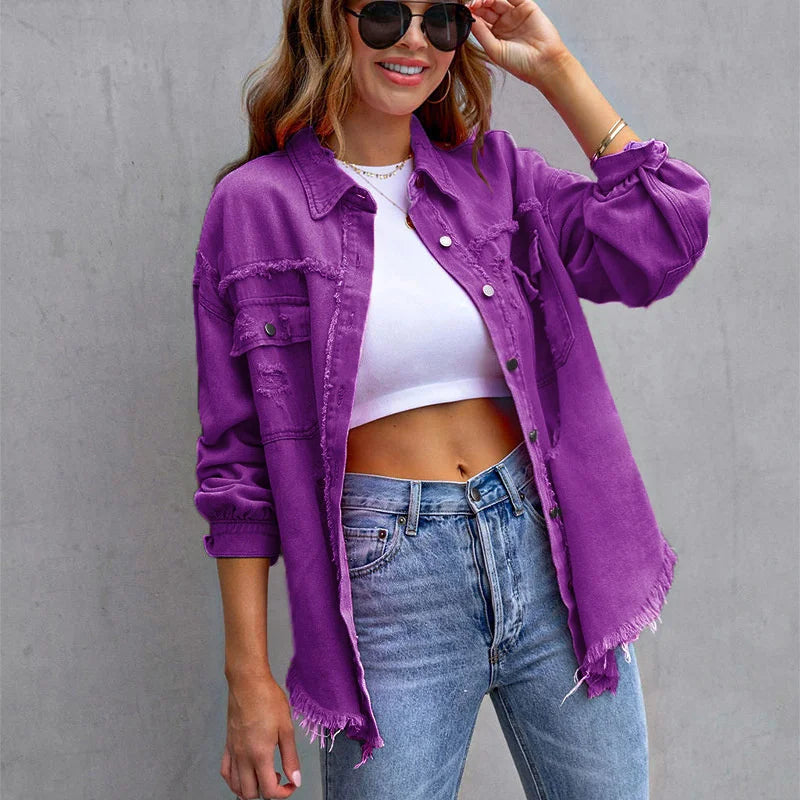 Veste en Jean Femme Bords Bruts Troués – Style Chemise Casual | Printemps Automne Tendance 2025