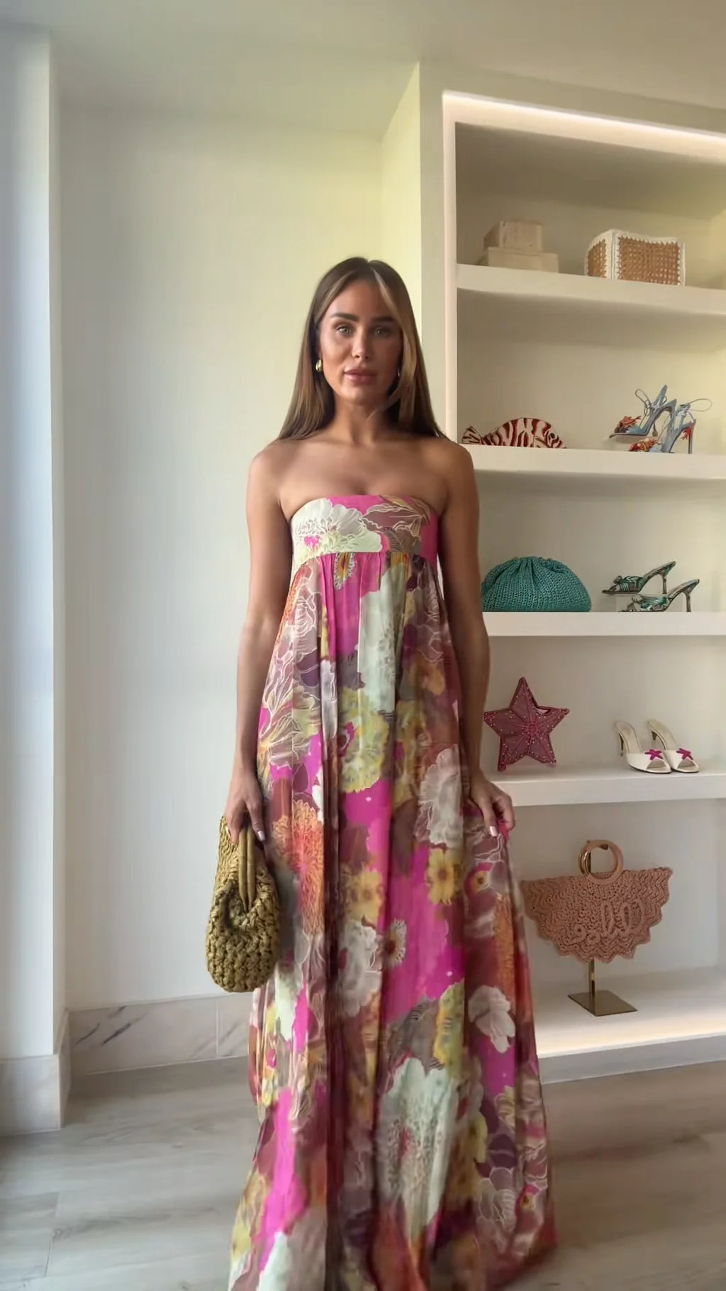 Robe Maxi Femme Imprimée Sans Bretelles Épaules Dénudées Dos Nu Sans Manches Taille Haute – Robe de Soirée Élégante | Été