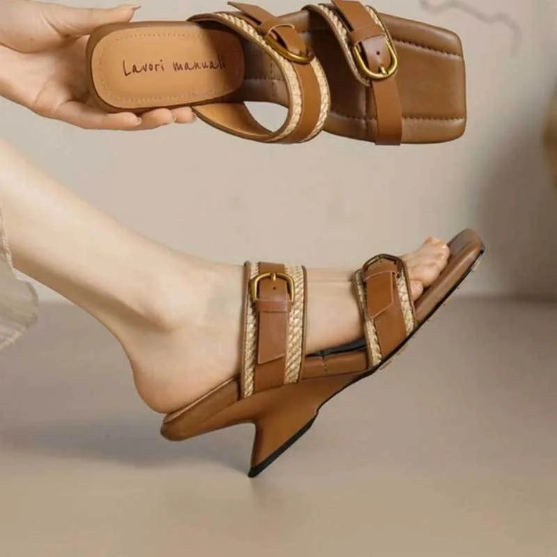 Wedges Vintage Tressé Bout Carré Femme – Boucle Ceinture Bout Ouvert Talon Haut Été
