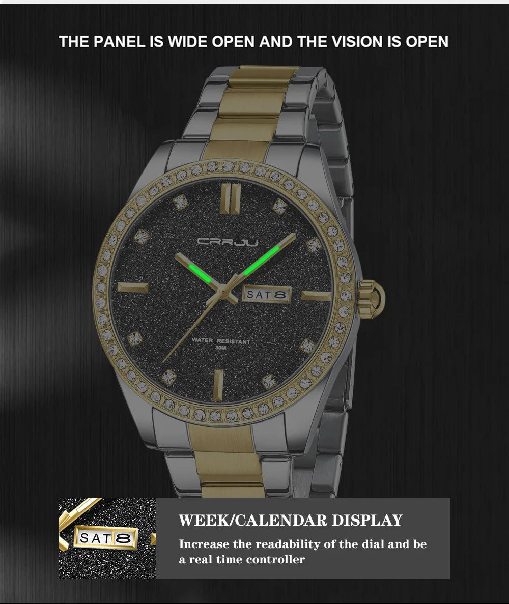 Montre Homme CRRJU Moissanite Diamant Luxe Cadran Doré Acier Inoxydable Lumineux Élégante Premium | Montre CRRJU Moissanite Diamant Luxe Premium
