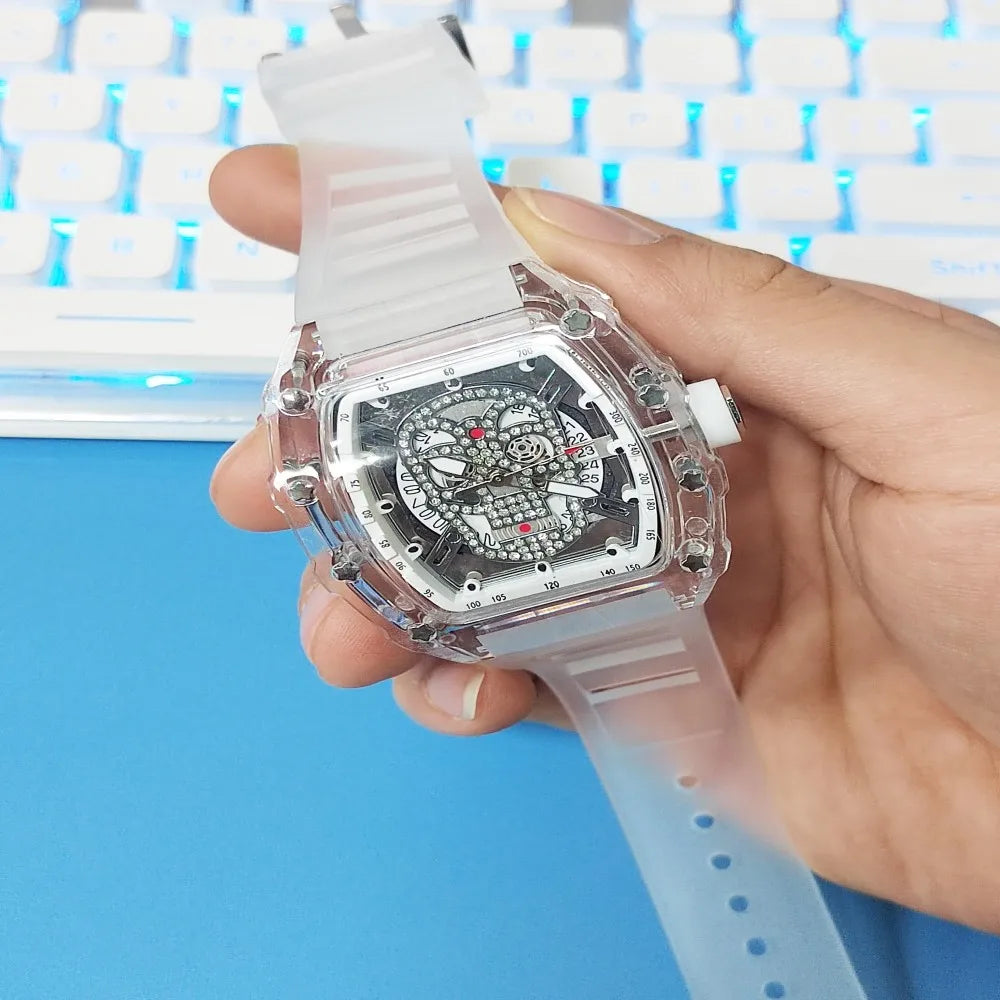 Montre Homme Skull Tête de Mort Automatique Transparente – Quartz Luxe Waterproof Fashion