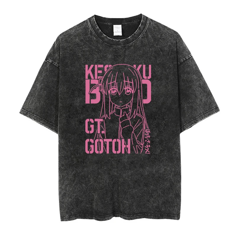 T-Shirt Homme Oversize Bocchi The Rock Anime Manga Imprimé Coton Lavé Col Rond – Fan Art Musique Streetwear | Mode Homme Otaku