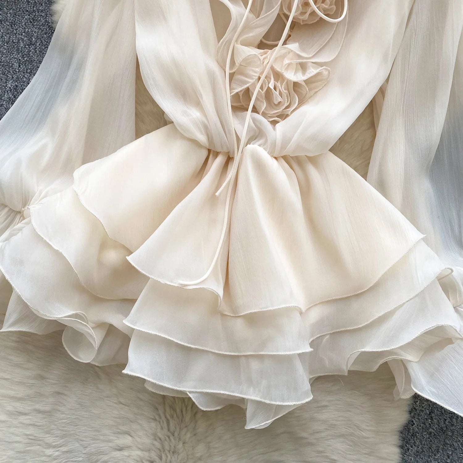 Robe Courte Femme Fleurs 3D Manches Longues Laçage Volants Mousseline – Vintage Bohème Sexy | Plage Été