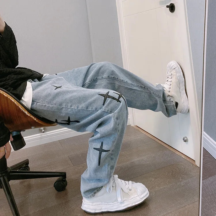 Jean Homme Imprimé Baggy Wide Leg Style Coréen K-Fashion Streetwear Cargo Droit Casual Loose Denim Tendance Urbain – Jean Baggy Premium K-Fashion | Mode Homme Streetwear K-Fashion Premium