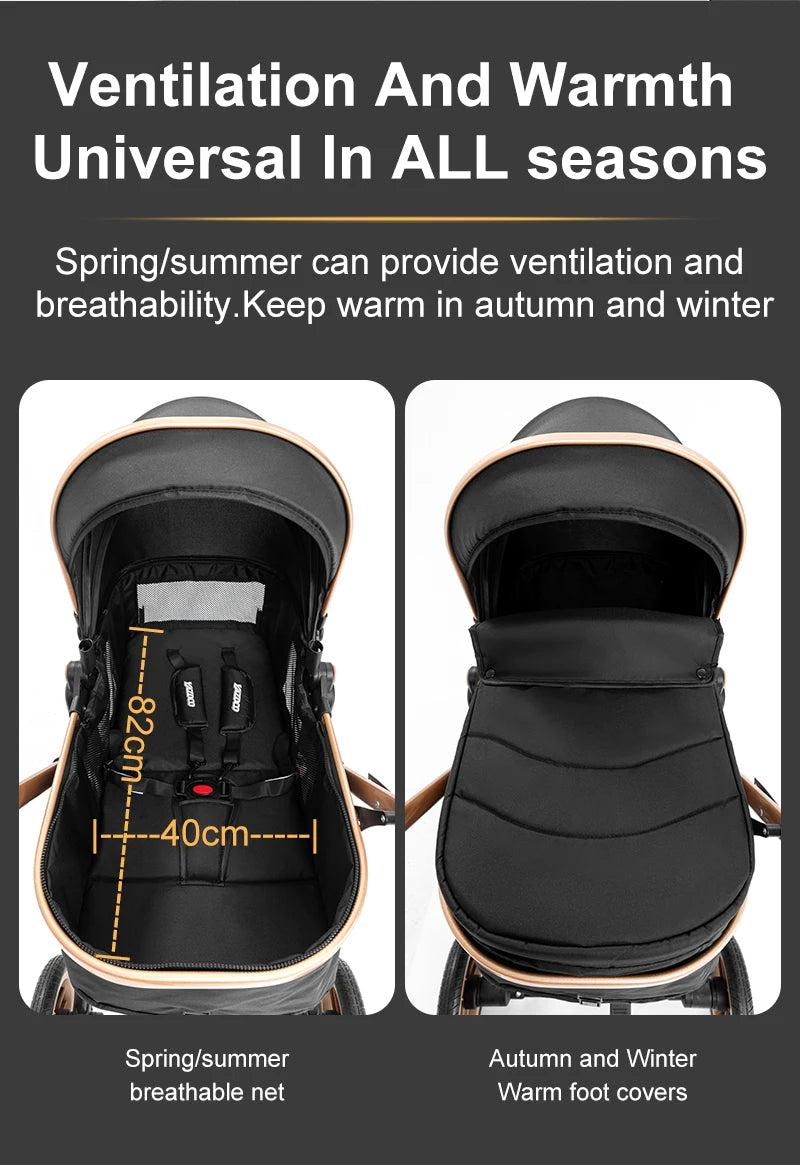Poussette Bébé 3 en 1 Luxe Pliable Noire – Cadre Aluminium, Haute Vue, Nacelle & Siège | Voyage Nouveau-Né & Nourrisson