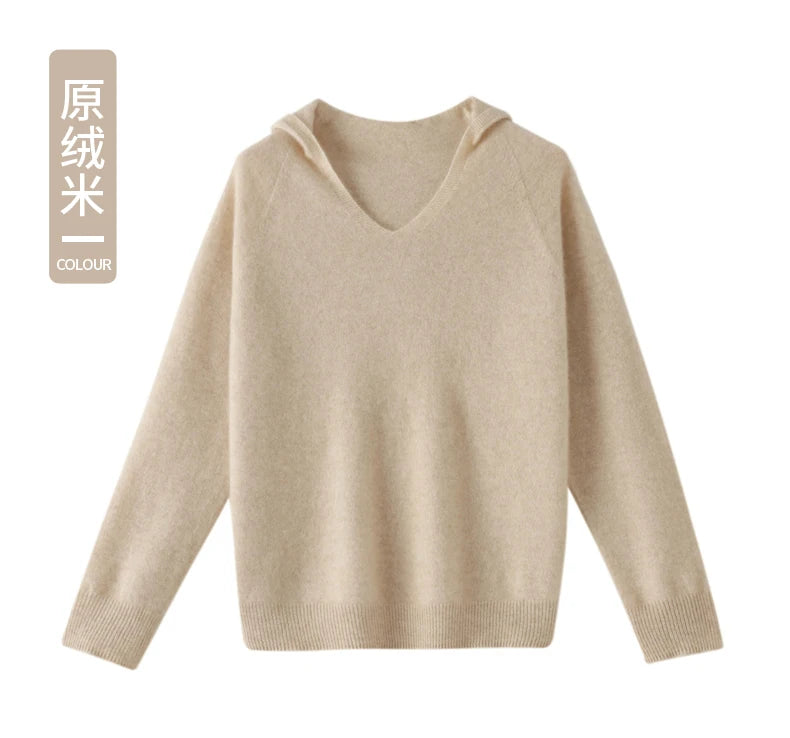 Pull Cachemire Femme 100% Laine Mérinos Col V À Capuche – Chaud Élégant Tendance | Automne Hiver