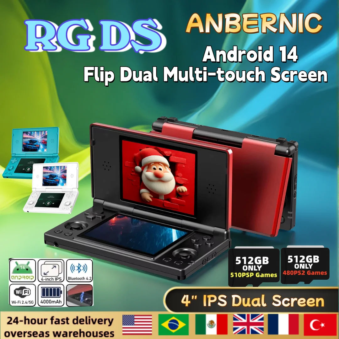 ANBERNIC RG DS Console de Jeu Flip 4'' IPS – Double Écran Multi-Touch, Android 14, WiFi Streaming & IA | PS2 & Rétro