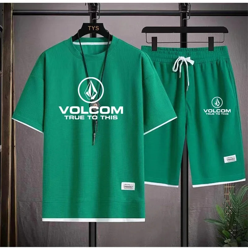 VOLCOM Ensemble T-shirt + Short Sport Homme Été – Waffle Imprimé Casual Sportswear