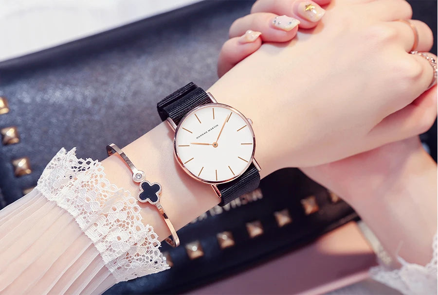 Montre Femme Luxe HANNAH MARTIN Ultra-Fine 36mm Cuir Or Rose – Étanche Élégante Fashion