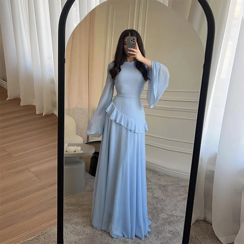 Robe Maxi Femme Chiffon Unie Volants Manches Papillon Col Rond – Élégante Soirée & Gala | 2025