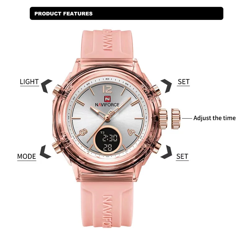 Montre Femme NAVIFORCE Sport Quartz LCD Digital – Étanche 50M Casual Fashion
