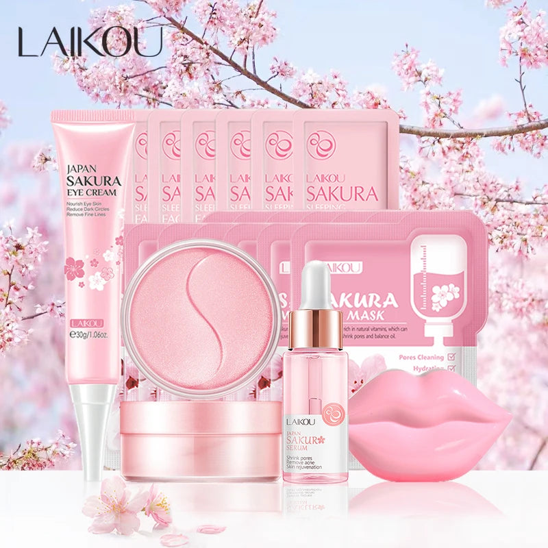 Kit Skincare Coréen LAIKOU Sakura – Nettoyant, Masque Yeux & Lèvres, Hydratation Intense | Routine Beauté K-Beauty Complète