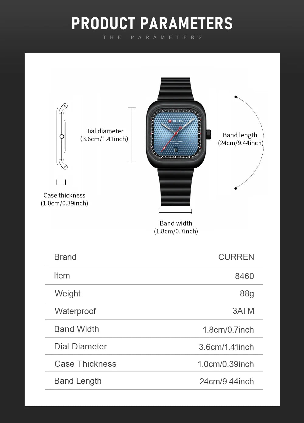 Herrenuhr CURREN Quadrat Business Quarz – Edelstahlarmband Automatische Datumsanzeige