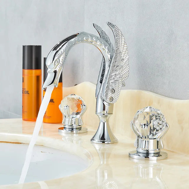 Rozin Robinet Lavabo Cygne Or Luxe – Double Poignée Cristal, Mitigeur Eau Chaude & Froide | Pièce Maîtresse Salle de Bain