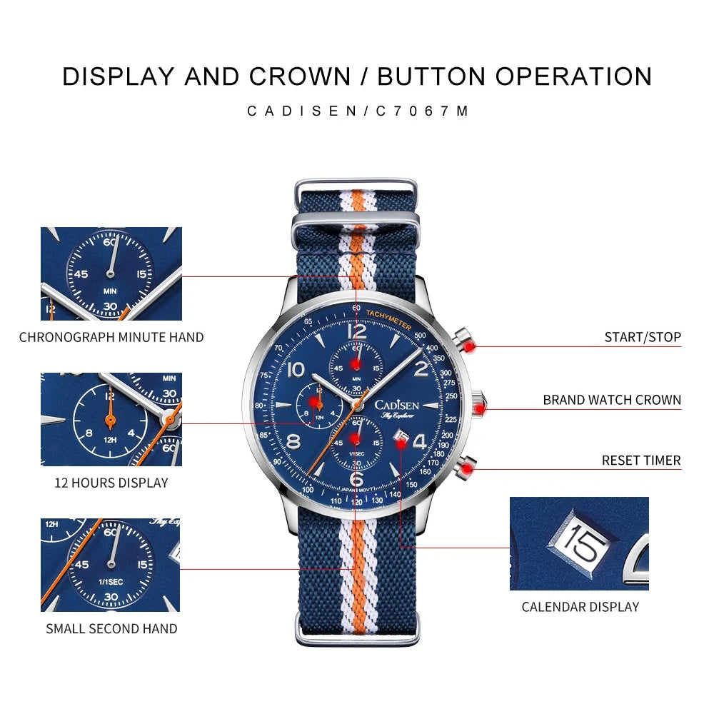 Montre Homme Luxe CADISEN Chronographe Quartz Japonais MIYOTA Bracelet Toile – Étanche Fashion