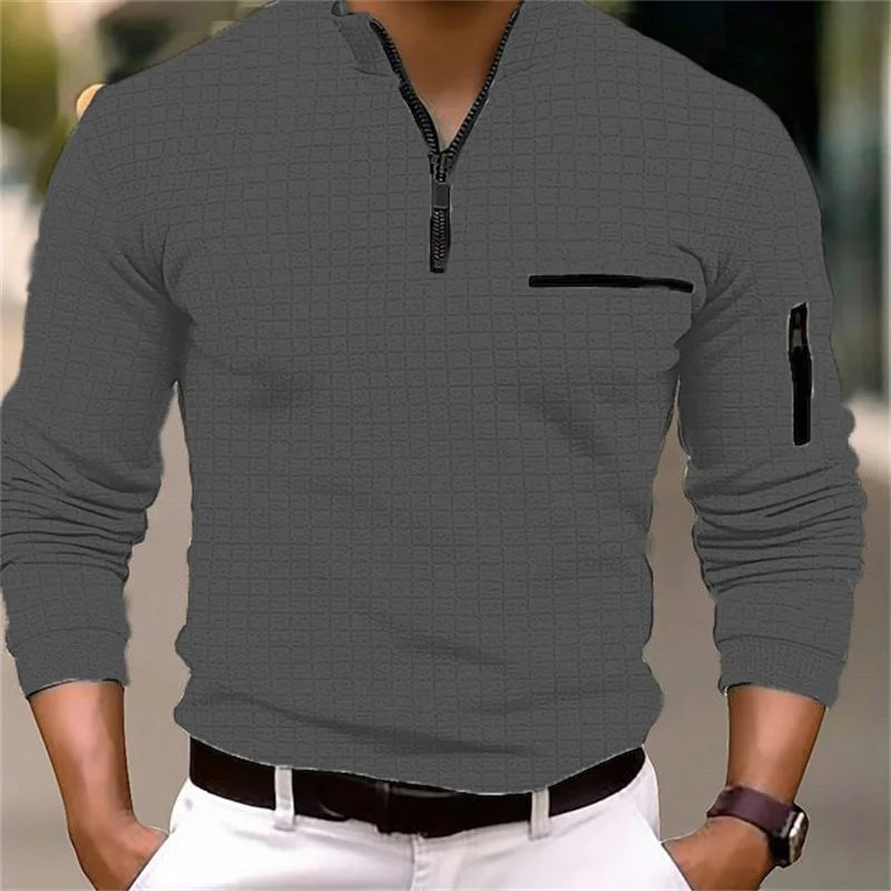 Polo Homme Col Montant Zip À Carreaux Manches Longues Respirant – Sport Business Casual Printemps Automne | Mode Homme Élégant
