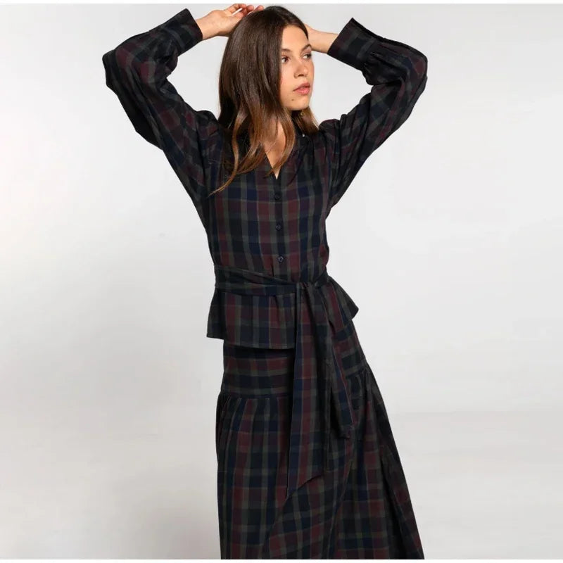 Ensemble 2 Pièces Femme Veste À Carreaux Manches Lanterne Lacets Plissée & Jupe Longue – Tenue Bureau Casual Chic Élégante | Mode