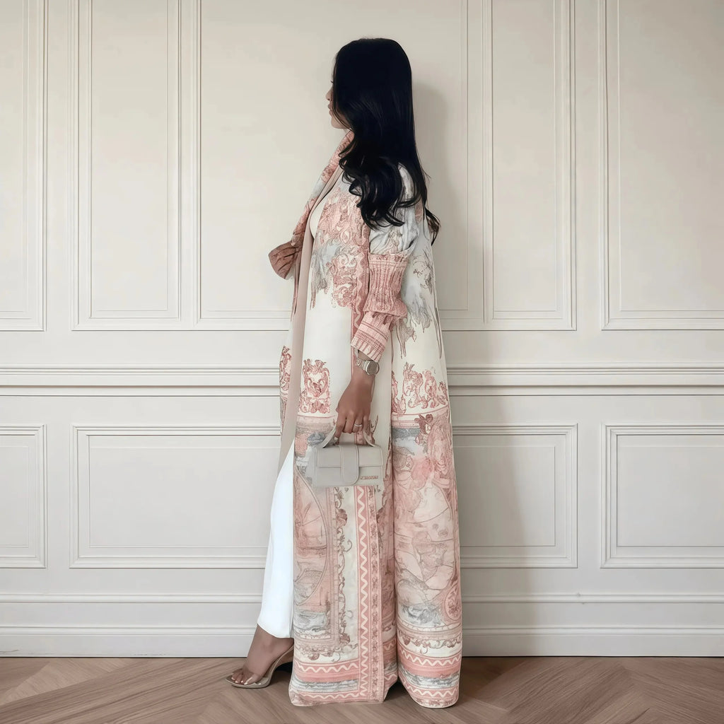 Kimono Cardigan Long Femme Abaya Imprimé Vintage Miyake Fluide Ample – Mode Modesté & Élégance