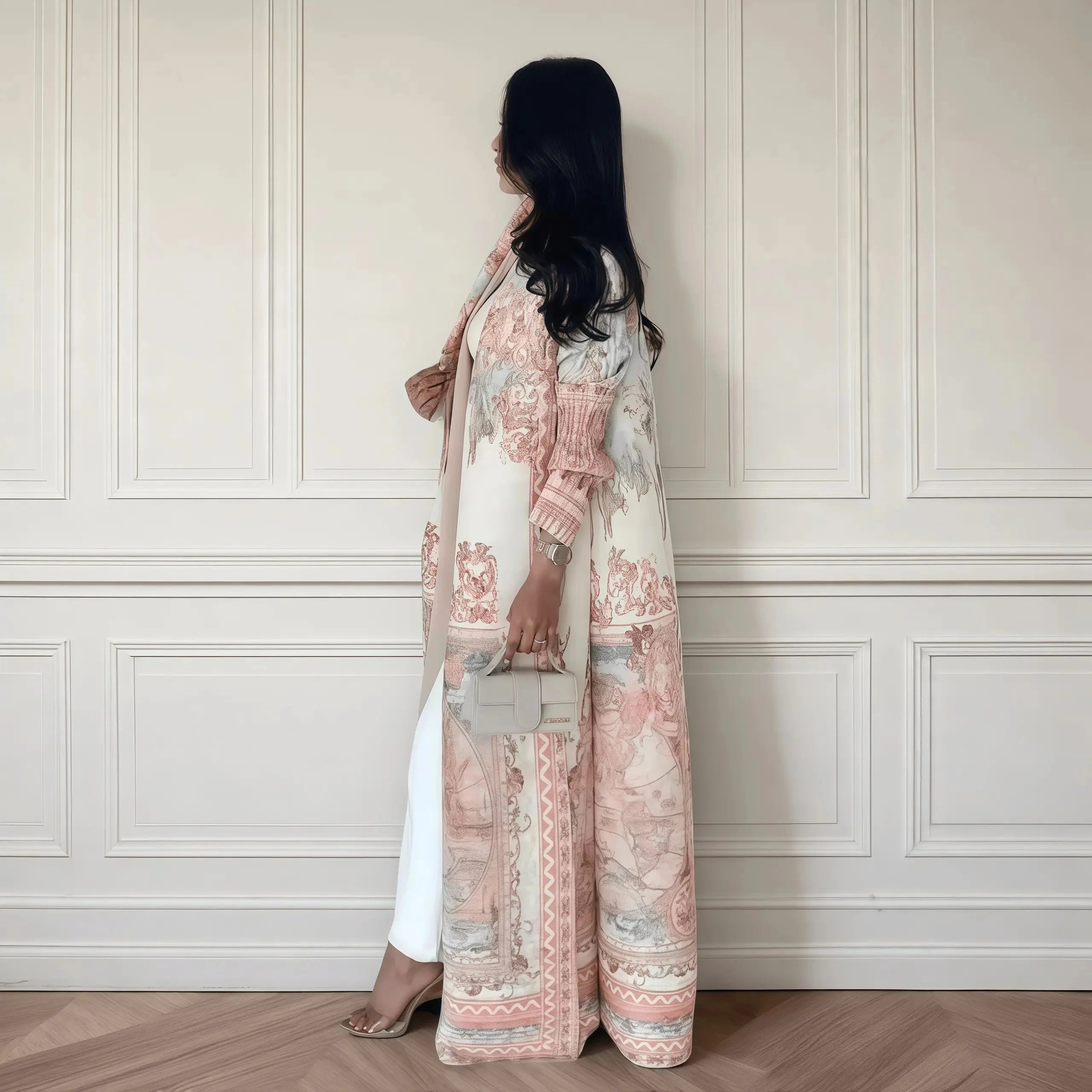 Kimono Cardigan Long Femme Abaya Imprimé Vintage Miyake Fluide Ample – Mode Modesté & Élégance