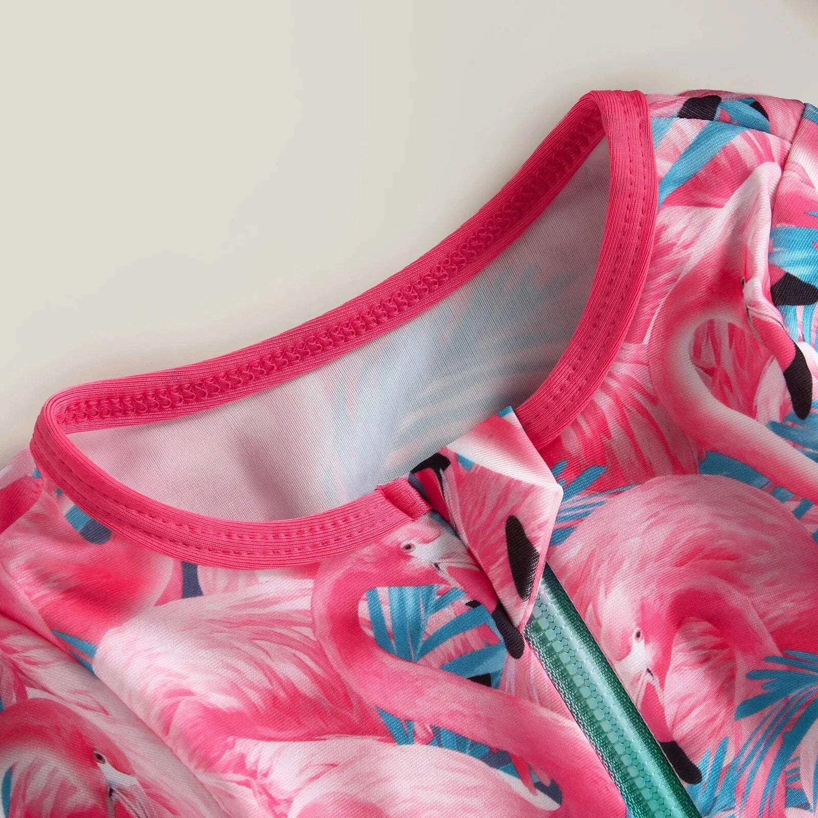 Maillot de Bain Bébé Fille Combinaison Zipper – Imprimé Flamant Rose Fleurs Manches Longues + Bandeau Été