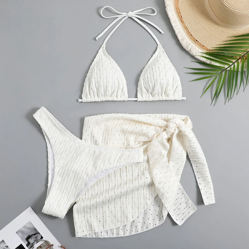 Bikini 3 Pièces Halter Femme Sexy Tanga – Maillot de Bain Avec Paréo Jupe | Blanc Noir Rose Vert Été