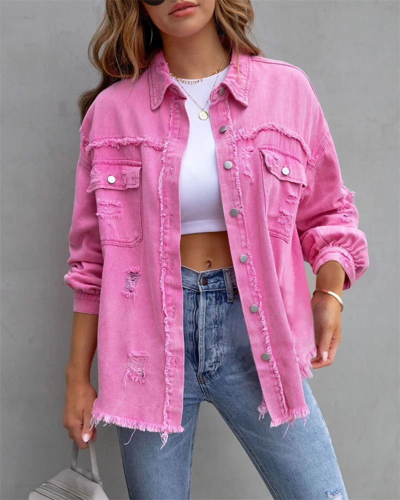 Veste en Jean Femme Bords Bruts Troués – Style Chemise Casual | Printemps Automne Tendance 2025