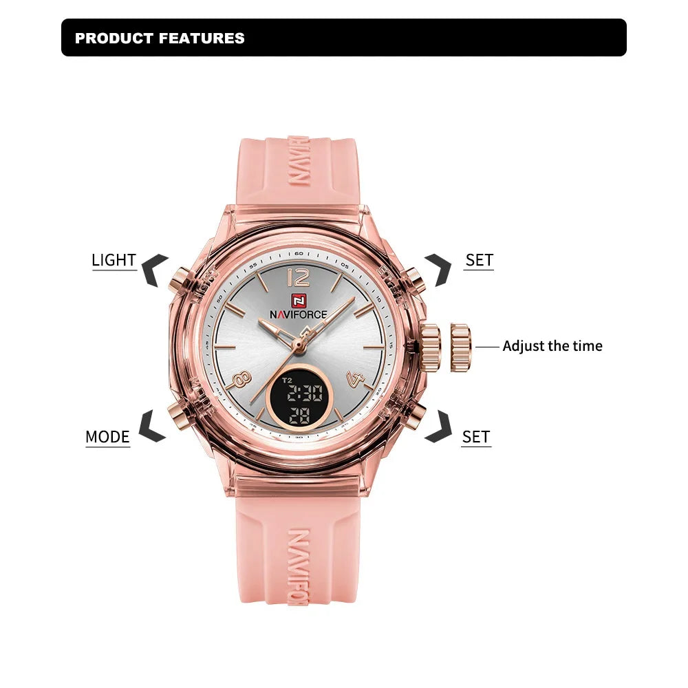Montre Femme NAVIFORCE Sport Quartz LCD Digital – Étanche 50M Casual Fashion