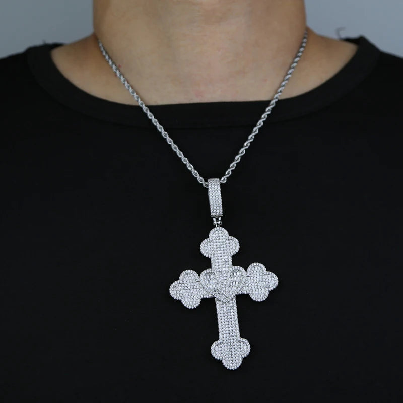 Collier Pendentif Hip Hop Bling 5A CZ Pavé Croix & Cœur Glacé – Chaîne Cuban Link, Tennis & Corde | Bijou Homme Rapper Streetwear Premium