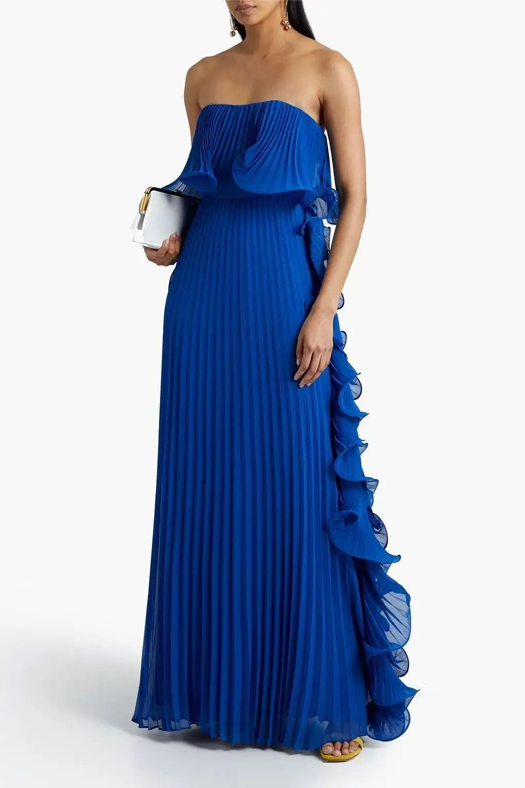 Robe Longue Femme Orange Chiffon Plissée Volants Sans Bretelles – Élégante Plage & Soirée | Été