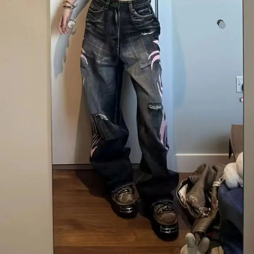 Jean Large Y2K Vintage Imprimé Totem Taille Haute - Baggy Harajuku Hip-hop Streetwear Femme