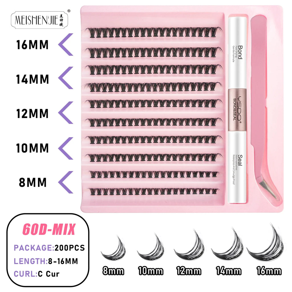 Kit Extension Cils DIY 160-200 Pcs – Cils Individuels Cluster avec Colle & Scellant | Faux Cils Maquillage