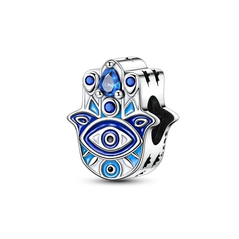 Charm Argent 925 Bleu Rotatif – Œil Démon, Main, Lune & Ciel Étoilé | Perle Pendentif Bracelet Femme | Bijou Spirituel & Mystique