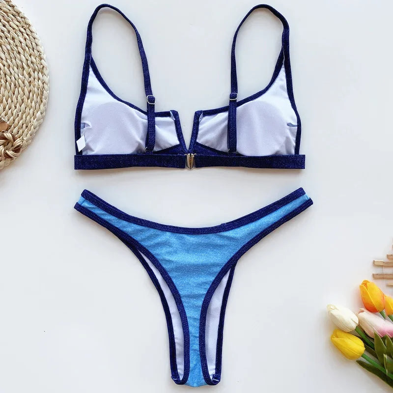 Bikini Femme 2 Pièces Denim Effet Jeans Tanga V Push-Up – Maillot de Bain Sexy Été & Plage