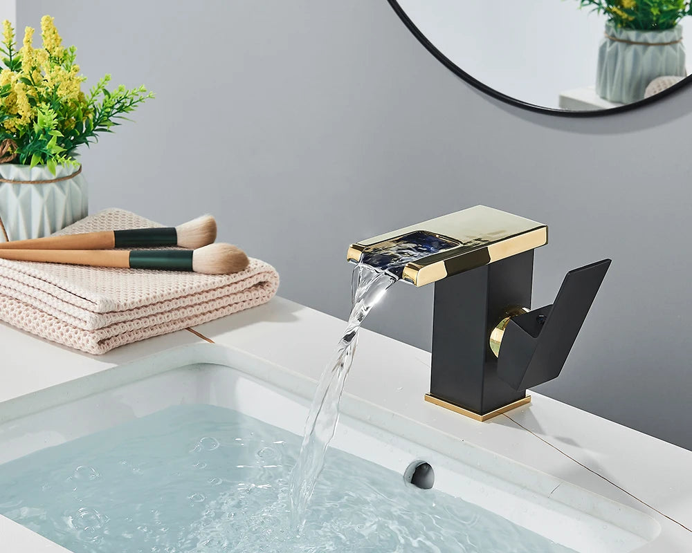Rozin Robinet Lavabo Noir LED Cascade Hydroélectrique – Mitigeur Eau Chaude & Froide, Lumière LED Automatique | Vasque Design