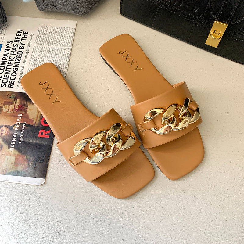 Mules Chaîne Bout Carré Femme 2025 – Sandales Plates Slide Décoration Métal Plage Casual